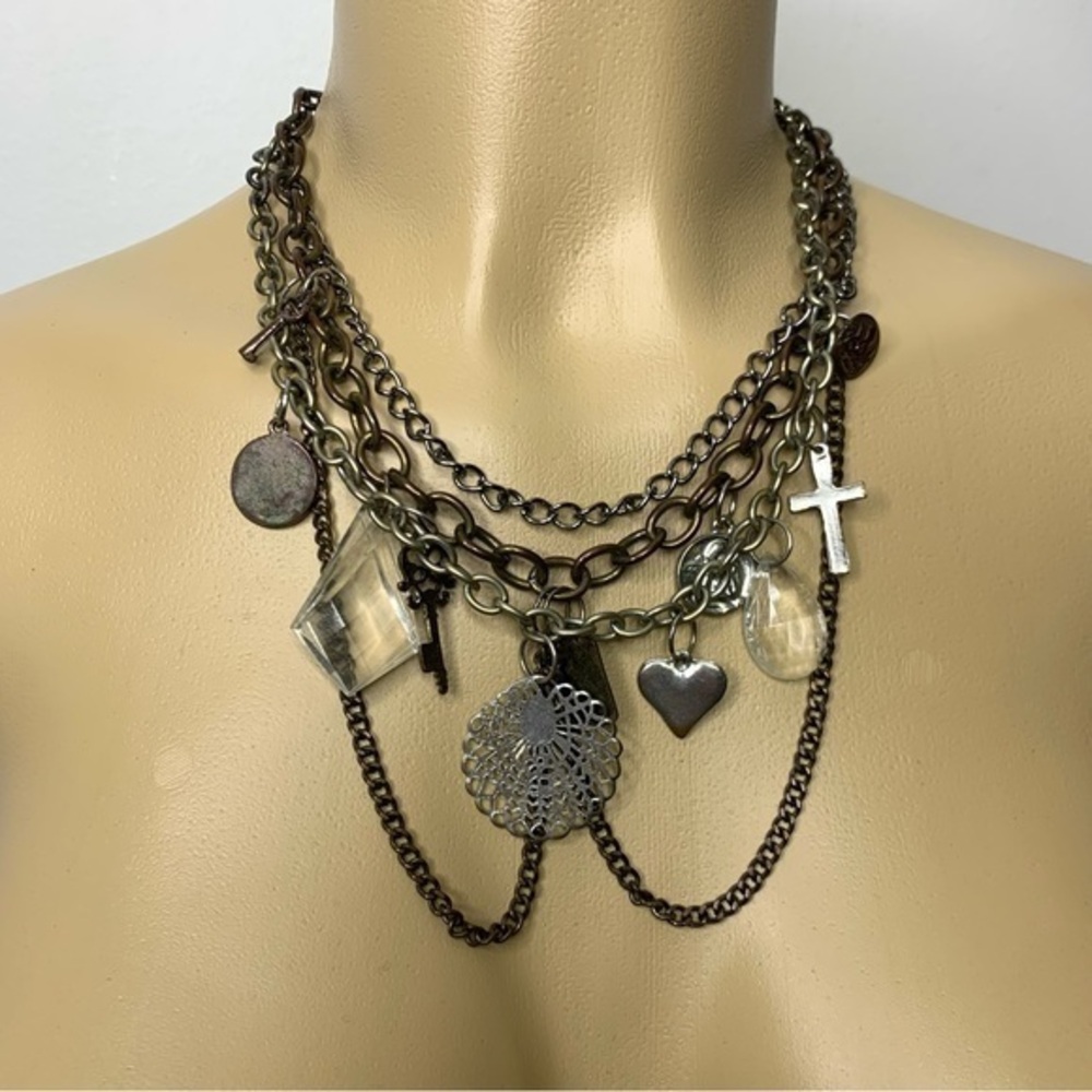 Mixed Metals Multiple Strand Layered Charm Statement Necklace